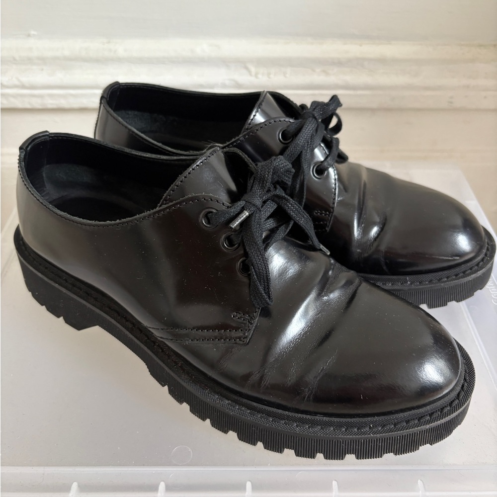 YSL Saint Laurent Men’s Liverpool Lace Up Derby Patent Leather Shoes Black 40